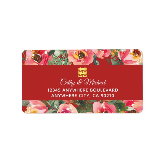 Pink flower background double happiness symbol label (Front)