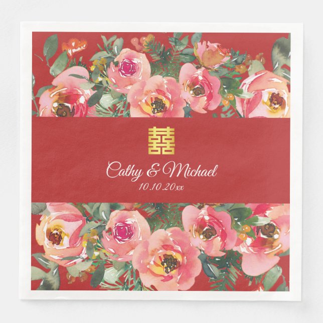 Pink flower background double happiness symbol napkin (Front)