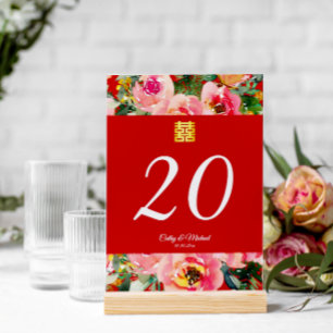 Pink flower background double happiness symbol table number
