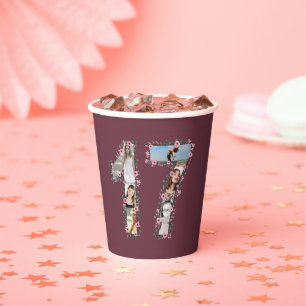 Pink Flower Big 17th Birthday Girl Photo Collage Paper Cups