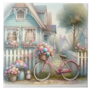 Pink Flower Bike at Blue Cottage Gate Ceramic Tile