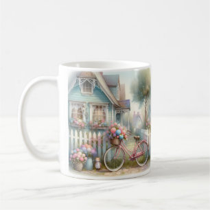 Pink Flower Bike at Blue Cottage Gate Coffee Mug