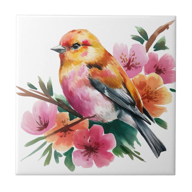 Pink Flower Bird Ceramic Tile (Front)