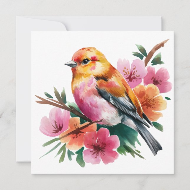 Pink Flower Bird Invitation (Front)