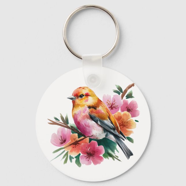 Pink Flower Bird Key Ring (Front)
