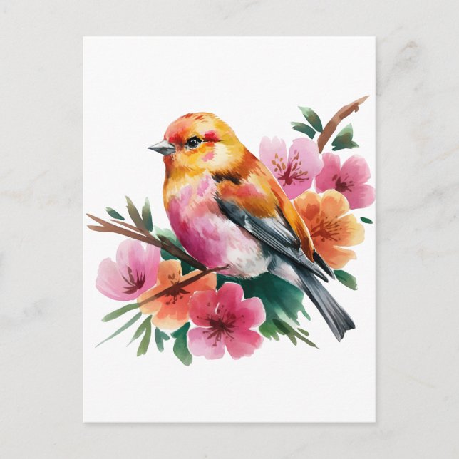 Pink Flower Bird Postcard (Front)