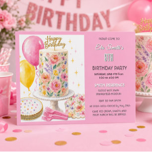 Pink Flower Birthday Cake Girl Age 9 Party Invitation