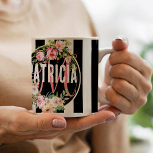 pink flower black and white Stripes monogram Coffee Mug