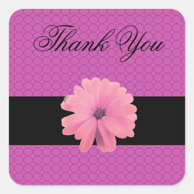 Pink Flower Black Ribbon Thank You Square Sticker (Front)