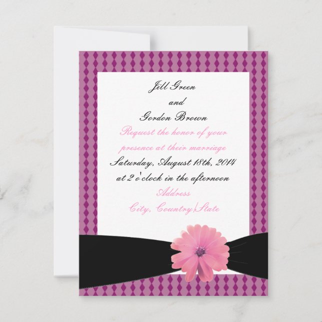 Pink Flower Black Ribbon Wedding Invitation (Front)