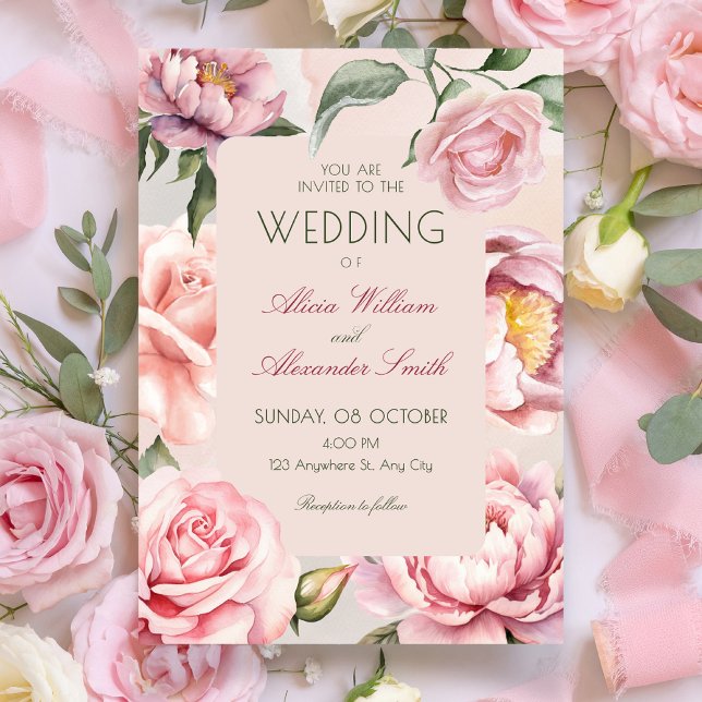 Pink flower bloom wedding invitation (Creator Uploaded)