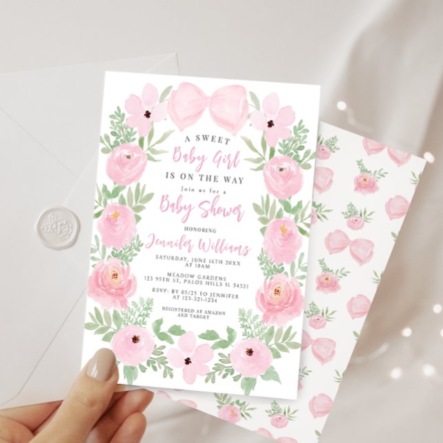 Pink flower blooms cute bow boho baby girl shower invitation (Creator Uploaded)