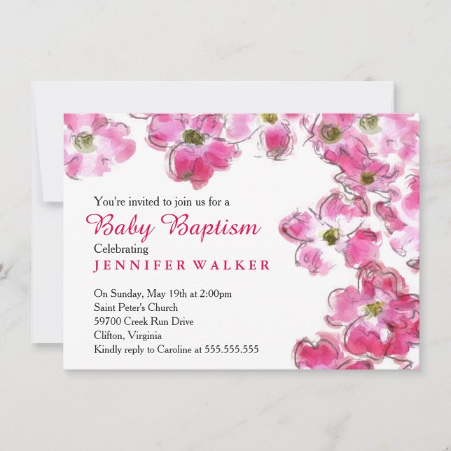 Pink Flower Blossoms Baby Baptism Dedication Invitation (Front)