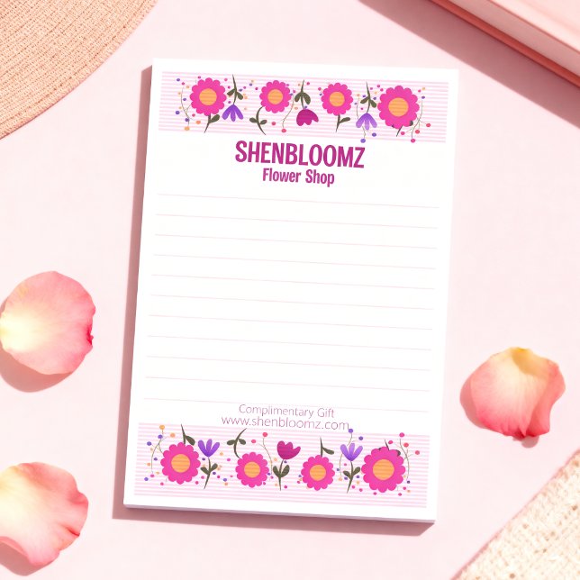 Pink Flower Border Florist Post-it Notes (Bright blooms, bold stripes. An original hand drawn design notepad perfect for giveaways.)