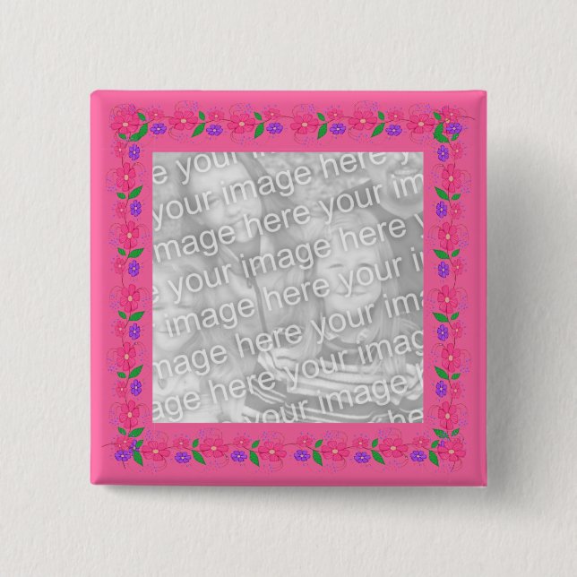 Pink Flower Border Photo Button (Front)