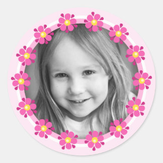 Pink flower border photo frame custom photograph classic round sticker