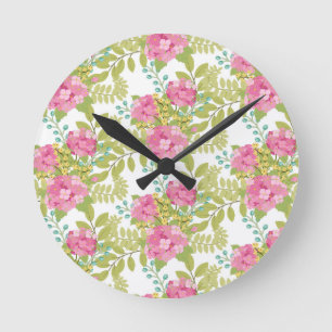Pink Flower Botanical Floral Blossom Leaves Round Clock