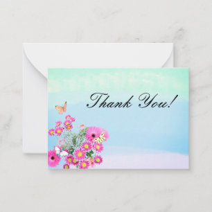Pink Flower Bouquet and Butterflies Thank You Card