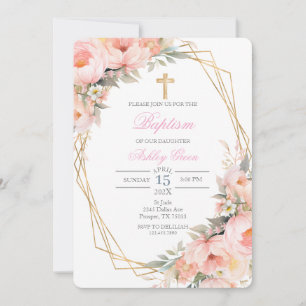 Pink flower bouquet Baptism Invitation