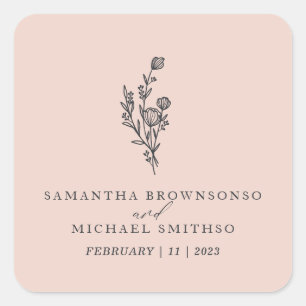 Pink Flower Bouquet Name Floral Minimal Wedding Square Sticker
