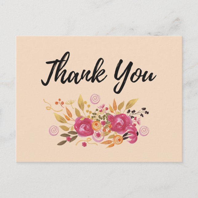 Pink Flower Bouquet on Peach Party Thanks Postcard (Front)