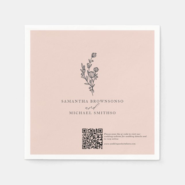 Pink Flower Bouquet Qr Code Wedding Day Napkin (Front)