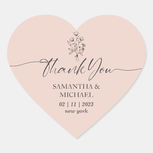 Pink Flower Bouquet Signature Wedding Thank You Heart Sticker (Front)