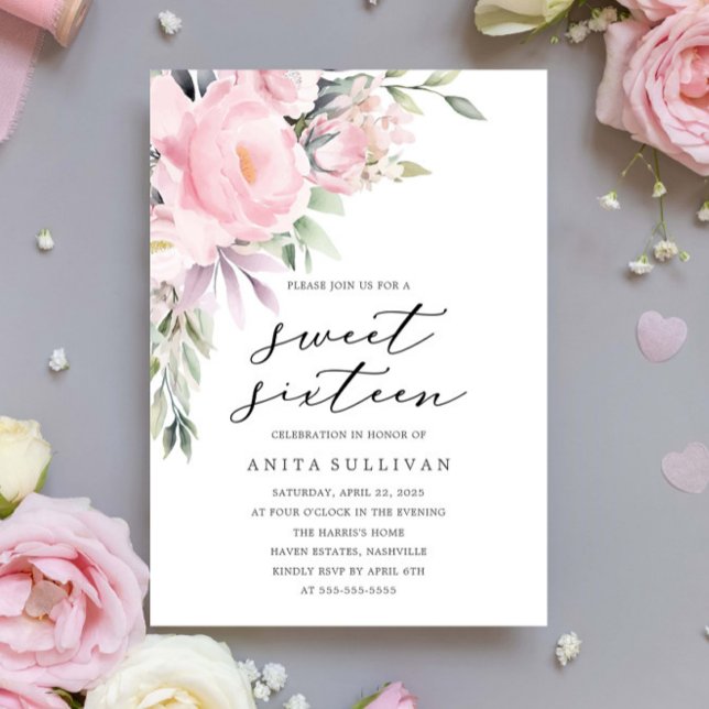 Pink Flower Bouquet Sweet Sixteen 16 Birthday Invitation (Creator Uploaded)