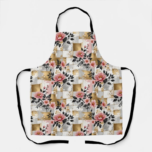 Pink Flower Bouquets with Gold and White Squares Apron (Front)