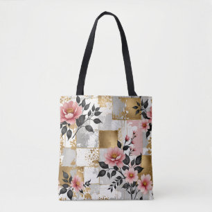 Pink Flower Bouquets with Gold and White Squares Tote Bag