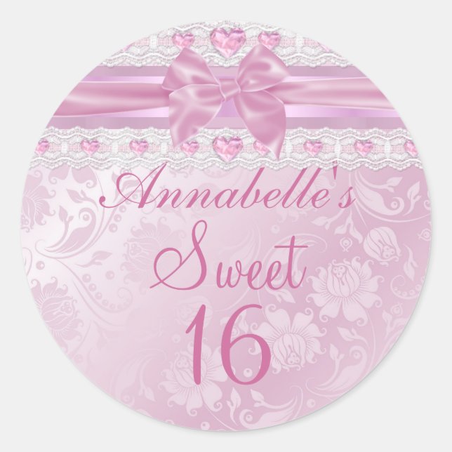 Pink Flower & Bow Sweet 16 Sticker (Front)