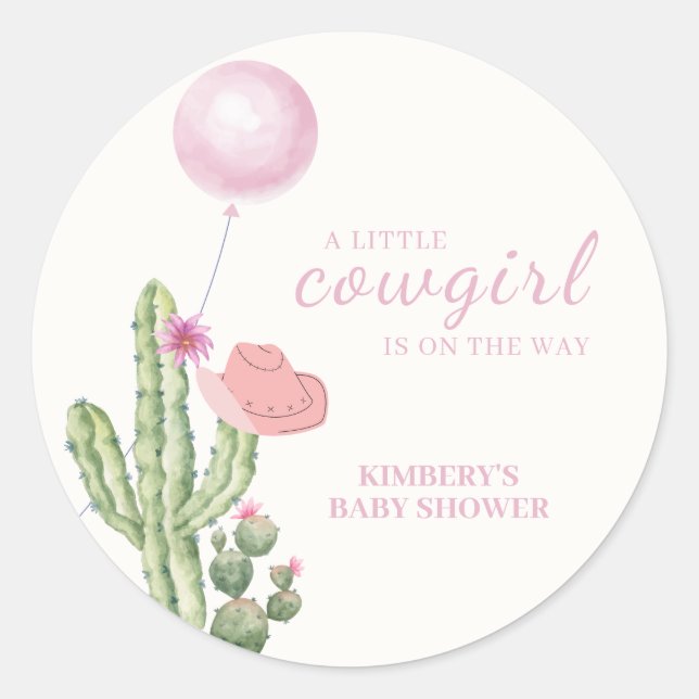Pink Flower Cactus Balloon Cowgirl Baby Shower  Classic Round Sticker (Front)