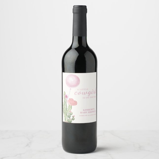 Pink Flower Cactus Balloon Cowgirl Baby Shower  Wine Label (Front)
