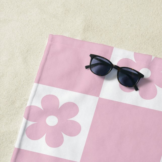 Pink Flower checked pattern Beach Towel (In Situ)