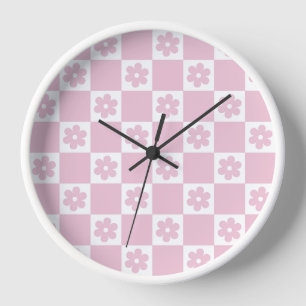 Pink Flower checked pattern Clock
