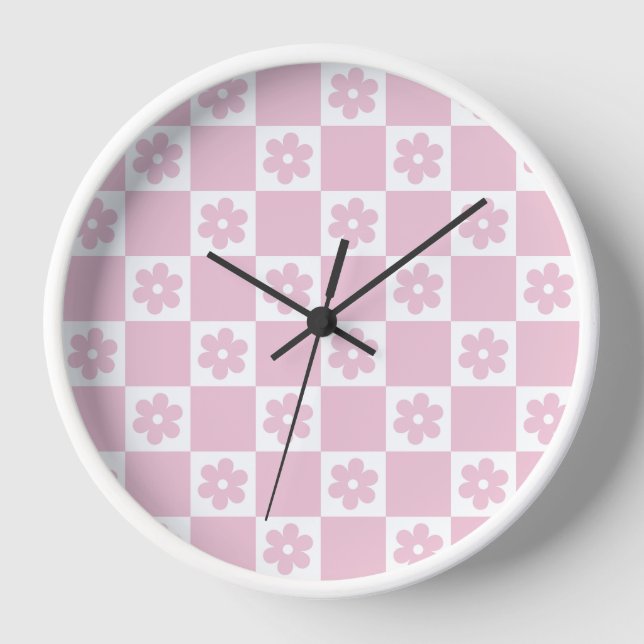 Pink Flower checked pattern Clock (Front)