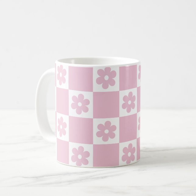 Pink Flower checked pattern Coffee Mug (Front Left)