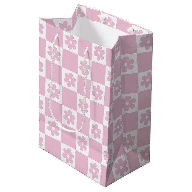 Pink Flower checked pattern Medium Gift Bag (Front Angled)