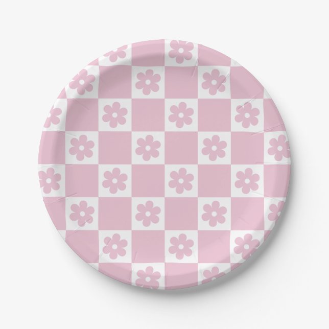 Pink Flower checked pattern Paper Plate (Front)