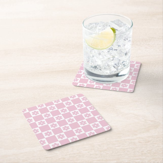 Pink Flower checked pattern Square Paper Coaster (Insitu)