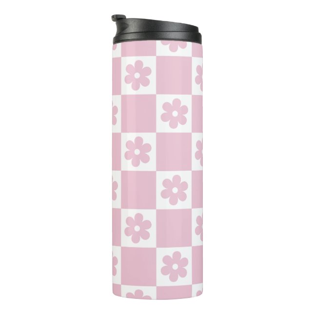 Pink Flower checked pattern Thermal Tumbler (Rotated Right)