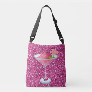 Pink Flower Cocktail Faux Glitter Crossbody Bag