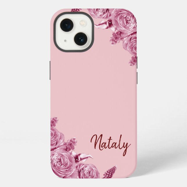 Pink flower composition with name iPhone case (Back)