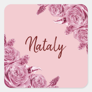 Pink flower composition with name square sticker