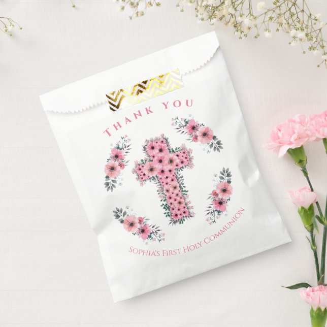 Pink Flower Cross Chic First Holy Communion Girl Favour Bag (Sealed)