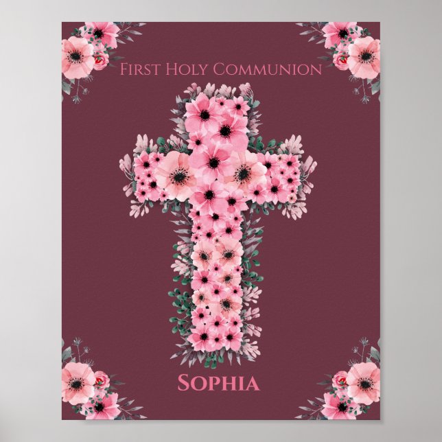 Pink Flower Cross Chic First Holy Communion Girl Poster (Front)