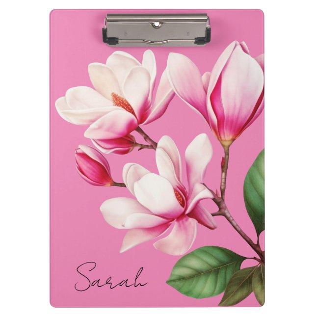 Pink Flower Custom Name Floral Art Clipboard (Front)