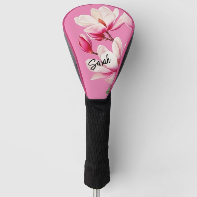 Pink Flower Custom Name Floral Art Golf Head Cover (Front)