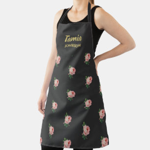 Pink flower custom name grey apron