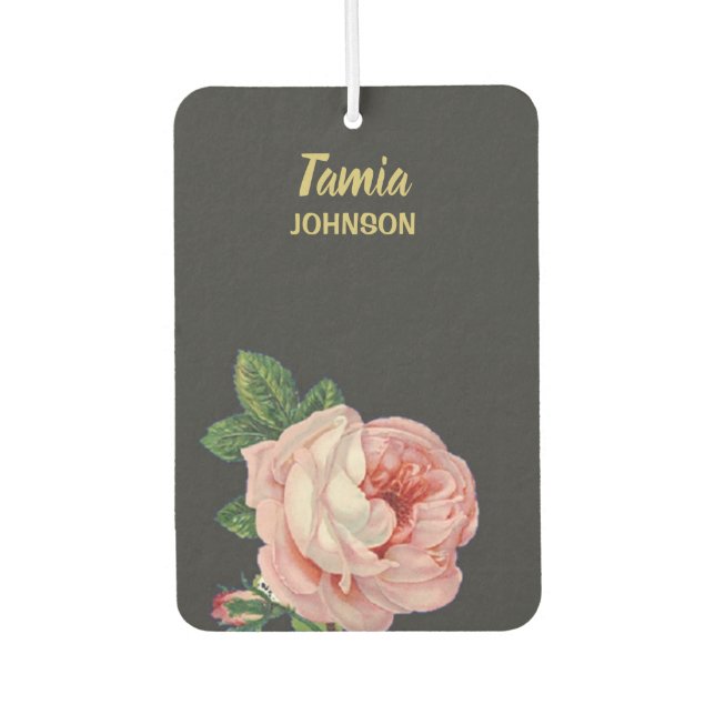 Pink flower custom name grey car air freshener (Front)